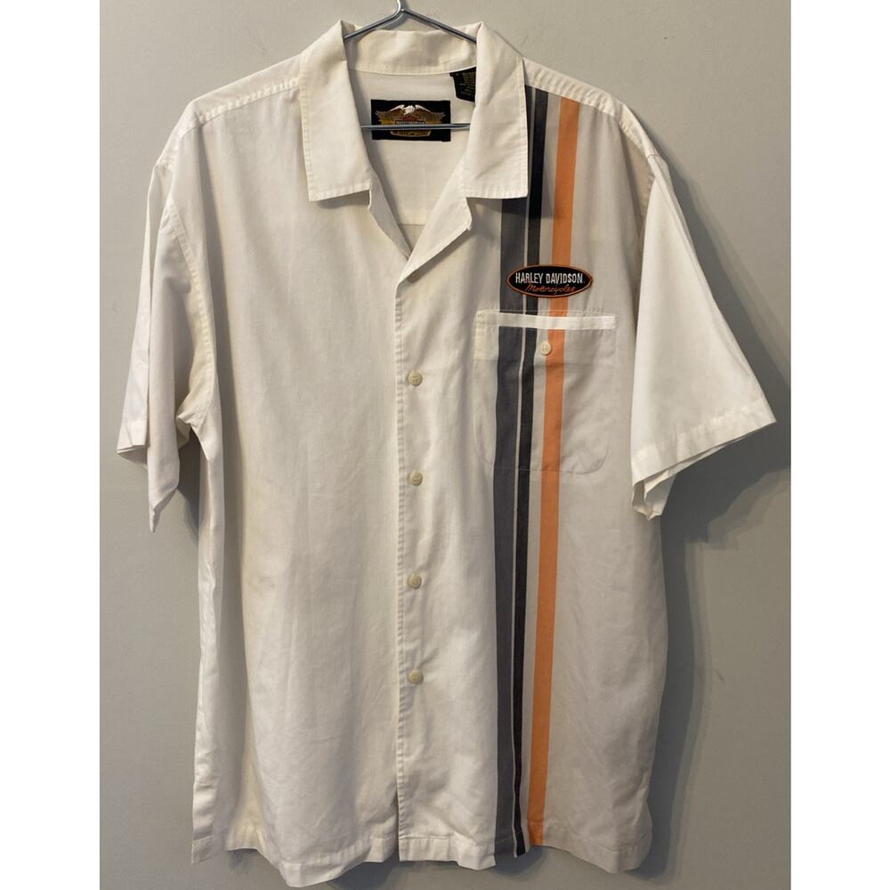 Harley Davidson Shirt Men’s L Striped White Gray Short Sleeve Garage Motorcycle
